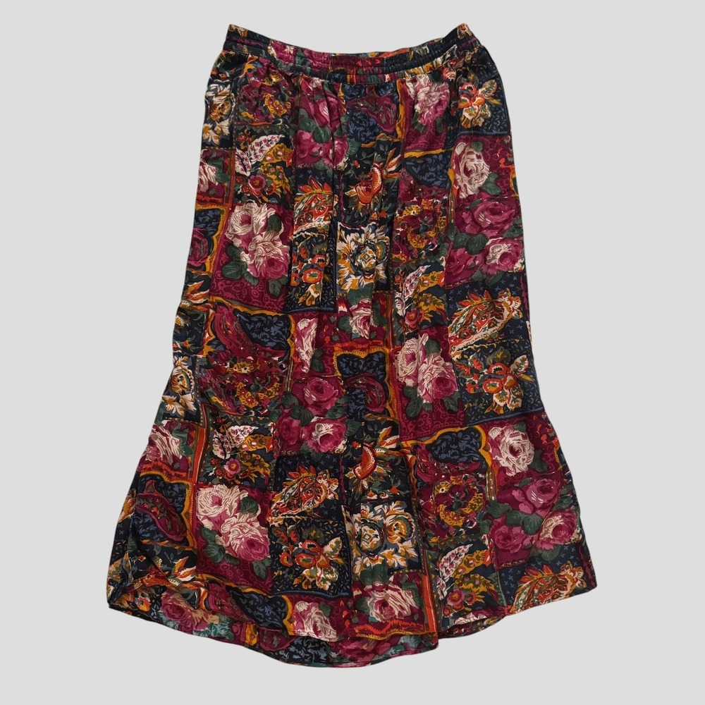 Separate Issue Vintage Floral Patchwork Rayon Midi Skirt Burgundy M Boho 90s